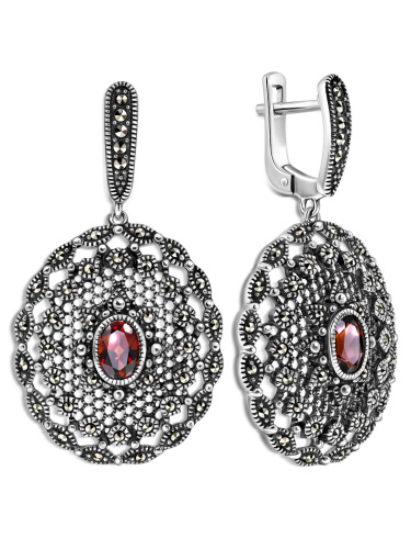 Серебряные серьги ALEXANDRE VASSILIEVс гранатами и марказитами Swarovski