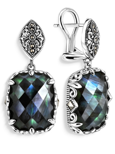 Серебряные серьги ALEXANDRE VASSILIEV с лабродоритом и марказитами Swarovski 