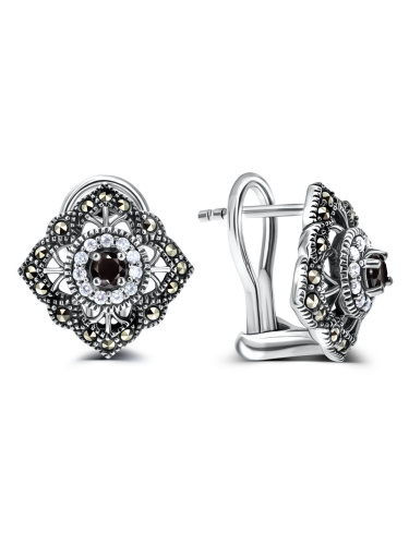 Серебряные серьги ALEXANDRE VASSILIEV с черной шпинелью, фианитами и марказитами Swarovski