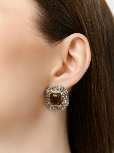 Серебряные серьги ALEXANDRE VASSILIEV с раух-топазом, позолотой и марказитами Swarovski 