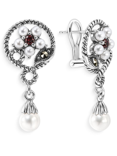 Серебряные серьги ALEXANDRE VASSILIEV с жемчугом, гранатом и марказитами Swarovski 
