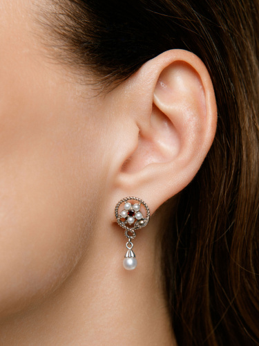 Серебряные серьги ALEXANDRE VASSILIEV с жемчугом, гранатом и марказитами Swarovski 