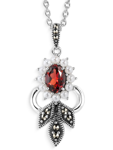 Серебряный кулон на цепи ALEXANDRE VASSILIEV с гранатом, микрожемчугом и марказитами Swarovski