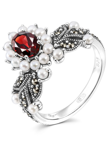 Серебряное кольцо ALEXANDRE VASSILIEV с гранатом, микрожемчугом и марказитами Swarovski