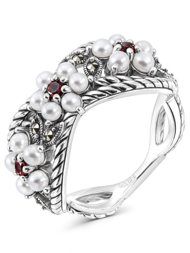 Серебряное кольцо ALEXANDRE VASSILIEV с гранатом, микрожемчугом и марказитами Swarovski