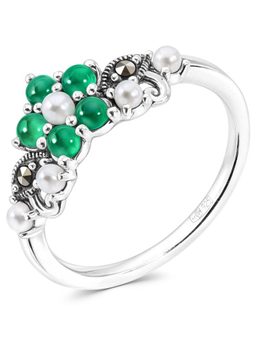 Серебряное кольцо ALEXANDRE VASSILIEV с зеленым агатом, микрожемчугом и марказитами Swarovski