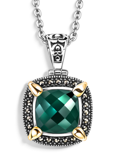 Серебряный кулон на цепи ALEXANDRE VASSILIEV с зеленым агатом, марказитами Swarovski  и позолотой