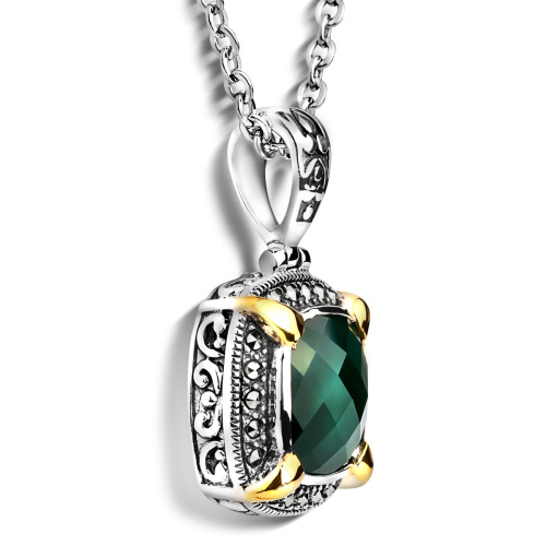 Серебряный кулон на цепи ALEXANDRE VASSILIEV с зеленым агатом, марказитами Swarovski  и позолотой