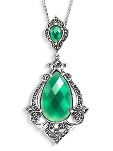 Серебряный кулон на цепи ALEXANDRE VASSILIEV с зелеными агатами и марказитами Swarovski