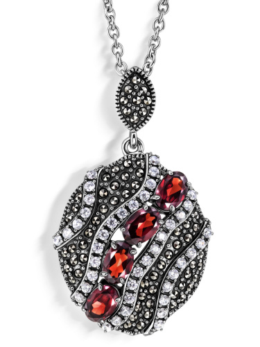 Серебряный кулон на цепи ALEXANDRE VASSILIEV с гранатом и марказитами Swarovski