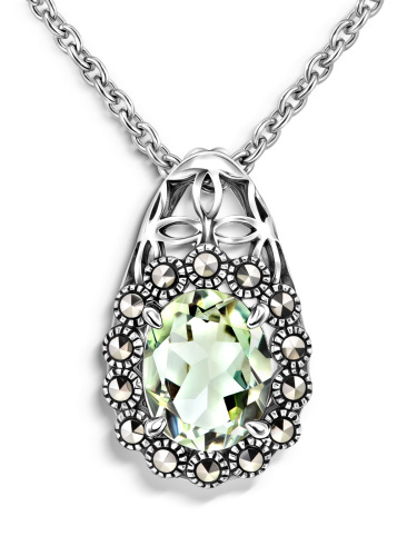 Серебряный кулон на цепи ALEXANDRE VASSILIEV с зеленым аметистом и марказитами Swarovski 