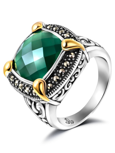Серебряное кольцо ALEXANDRE VASSILIEV с зеленым агатом, марказитами Swarovski и позолотой