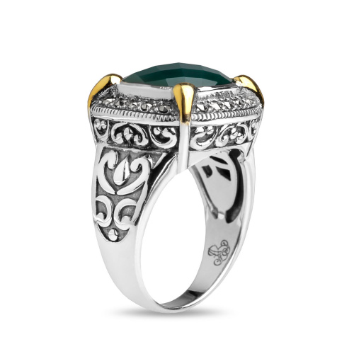 Серебряное кольцо ALEXANDRE VASSILIEV с зеленым агатом, марказитами Swarovski и позолотой