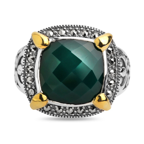 Серебряное кольцо ALEXANDRE VASSILIEV с зеленым агатом, марказитами Swarovski и позолотой