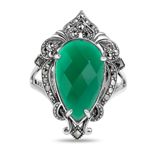 Серебряное кольцо ALEXANDRE VASSILIEV с зеленым агатом и марказитами Swarovski