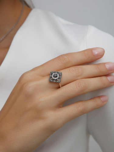 Серебряное кольцо ALEXANDRE VASSILIEV с черной шпинелью, фианитами и марказитами Swarovski