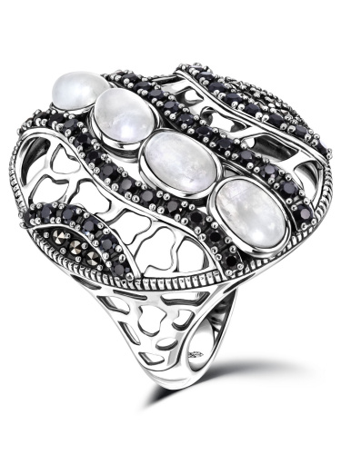 Серебряное кольцо ALEXANDRE VASSILIEV с черной шпинелью, фианитами и марказитами Swarovski