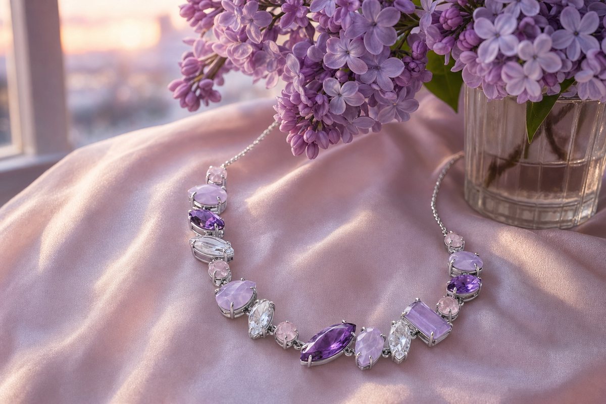 Серебряное колье с аметистами, розовым кварцем и горным хрусталём на розовом шёлке рядом с сиренью