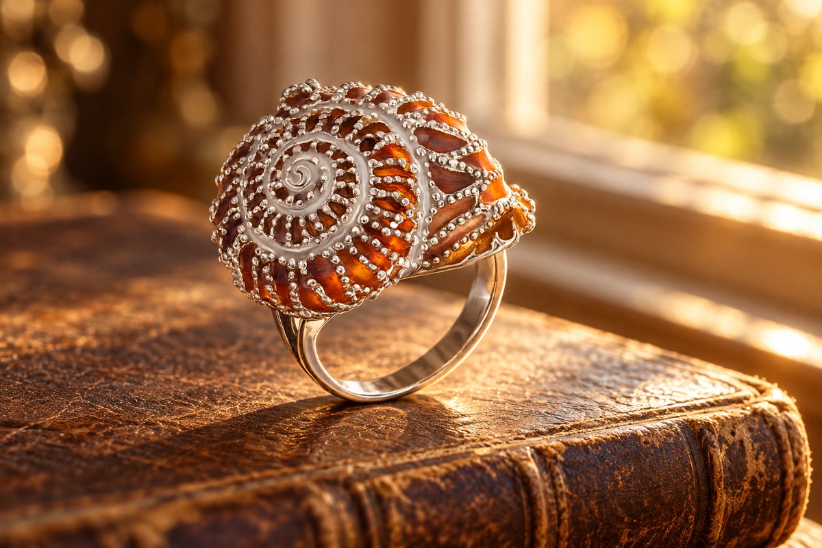 Серебряное кольцо-раковина с коричневой витражной эмалью и фианитом на старинной книге в тёплом свете окна