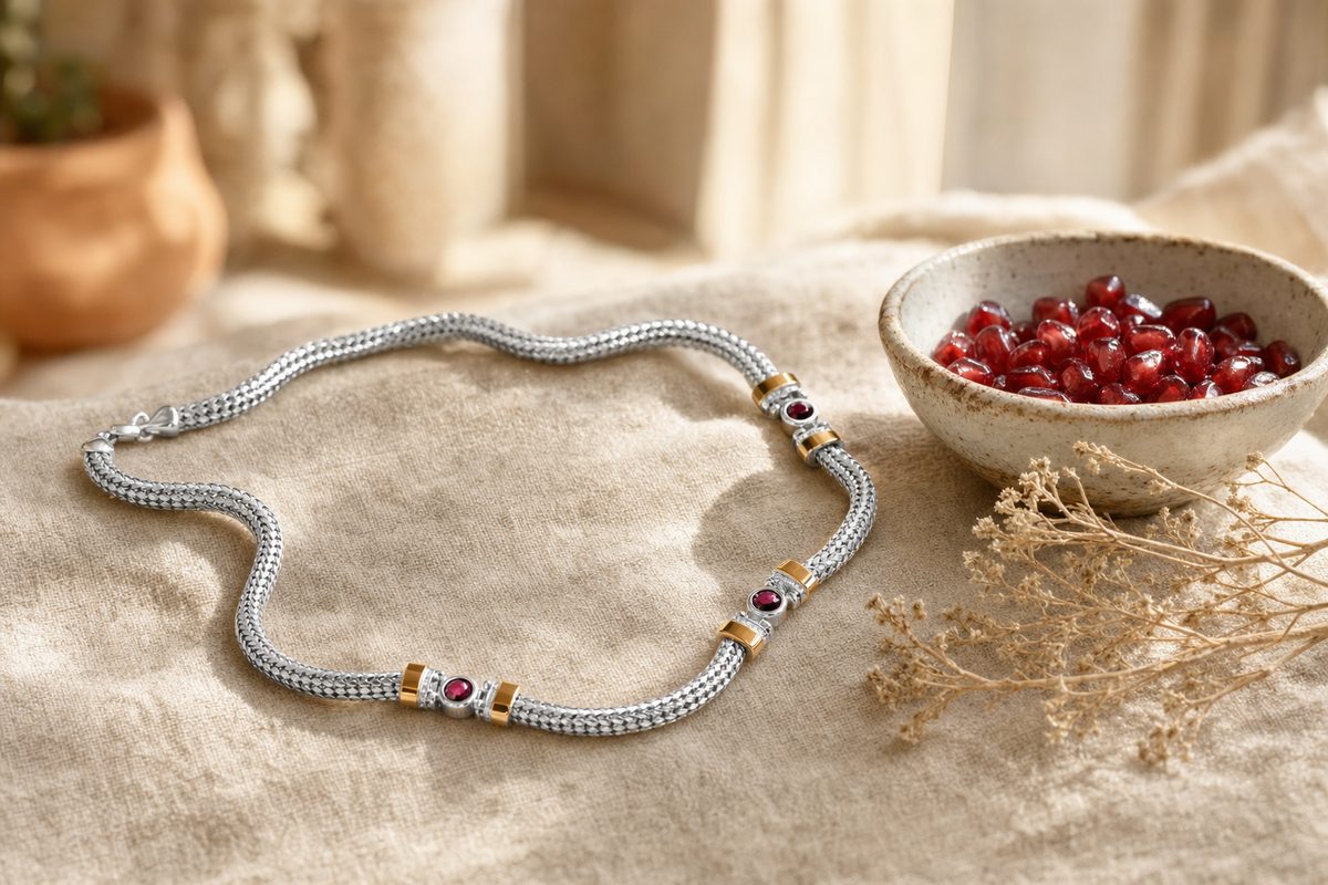 Серебряное колье с гранатом и золотыми вставками на льняной ткани