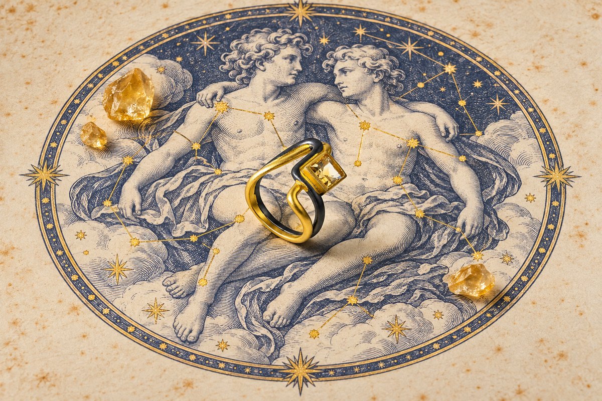 Серебряное кольцо ETERI в виде свободной волны из двух плоских лент, позолоченной и с чёрным родием, обнимающих маленький квадратный огранённый золотисто-жёлтый цитрин в позолоченной оправе, на странице звёздного атласа с созвездием Близнецов