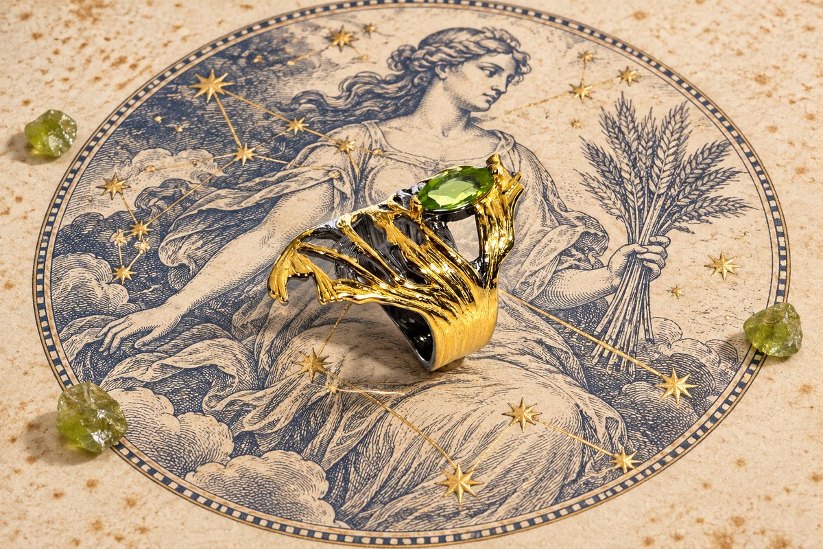 Скульптурное серебряное кольцо ETERI из чернёного серебра с позолоченными изогнутыми прядями, похожими на траву под ветром, наверху огранённый хризолит ярко-оливкового цвета в форме маркиза, на странице звёздного атласа с гравюрой Девы со снопом пшеницы