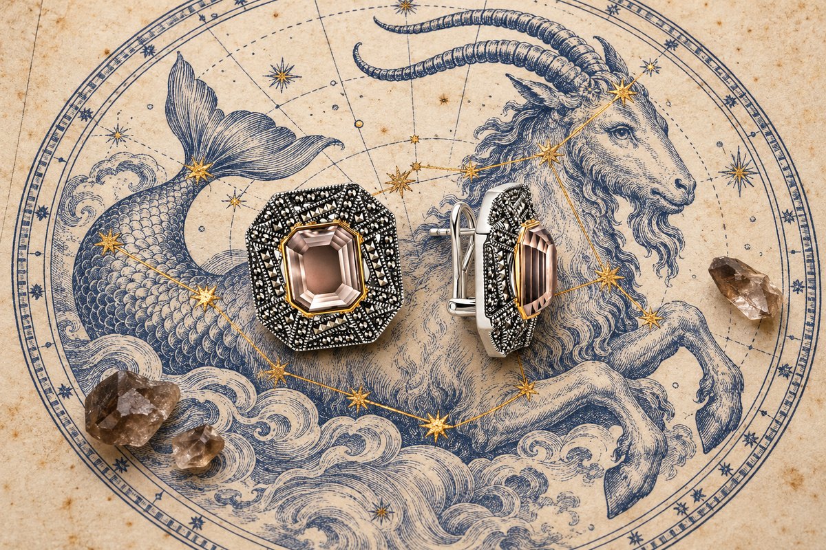 Серебряные серьги ALEXANDRE VASSILIEV восьмиугольной формы с узором из марказитов и дымчатым раухтопазом в позолоченной оправе на странице звёздного атласа с созвездием Козерога