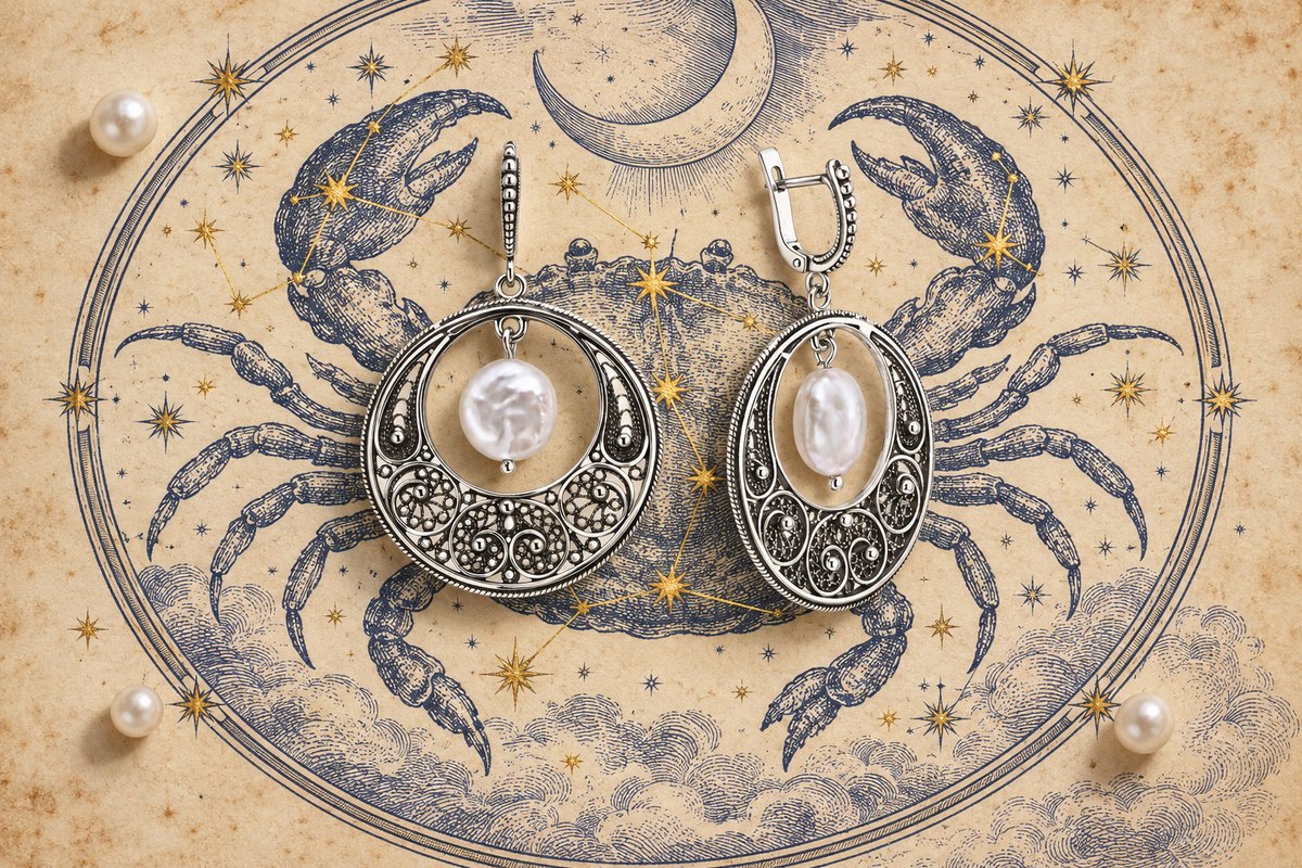 Серебряные серьги-кольца из чернёной филиграни с мелкой зернью и завитками, внутри каждой на тонком штифте подвешена белая барочная жемчужина, на странице звёздного атласа с гравюрой краба и созвездием Рака