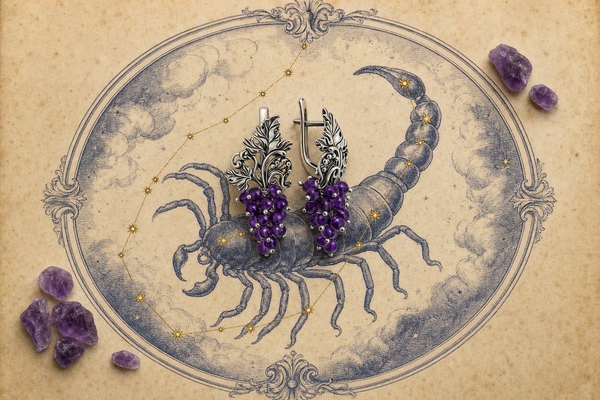 Серебряные серьги ETERI с гроздьями аметистов и листьями винограда на странице звёздного атласа с созвездием Скорпиона