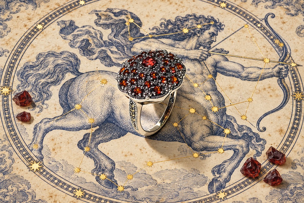 Серебряное кольцо ALEXANDRE VASSILIEV с россыпью мелких красных гранатов и марказитами на странице звёздного атласа с созвездием Стрельца