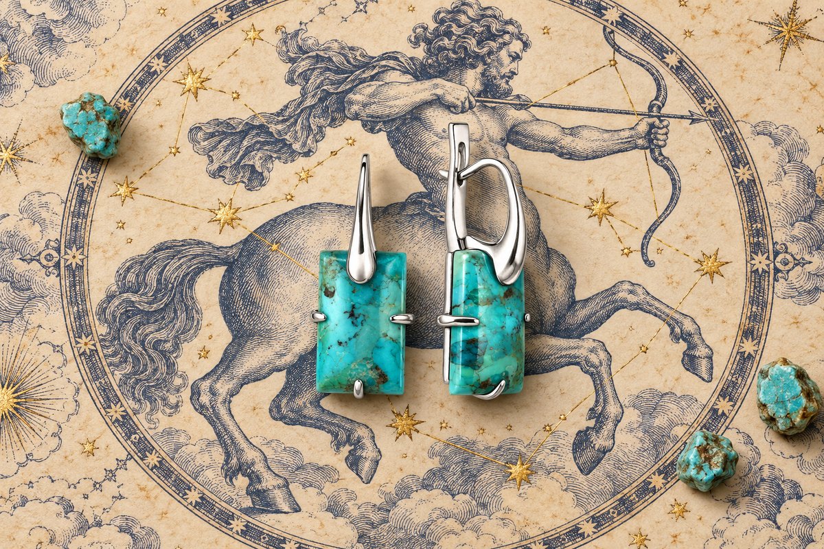 Серебряные серьги ETERI с крупными прямоугольными кабошонами голубой бирюзы с прожилками на странице звёздного атласа с гравюрой созвездия Стрельца