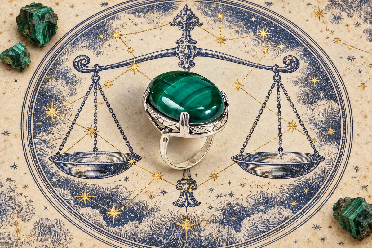Серебряное кольцо ETERI с крупным овальным гладким малахитом зелёного цвета с тёмными полосами, камень держат четыре крапана над гравированной серебряной галереей с узором ёлочкой, гладкая серебряная шинка, на странице звёздного атласа с гравюрой весов