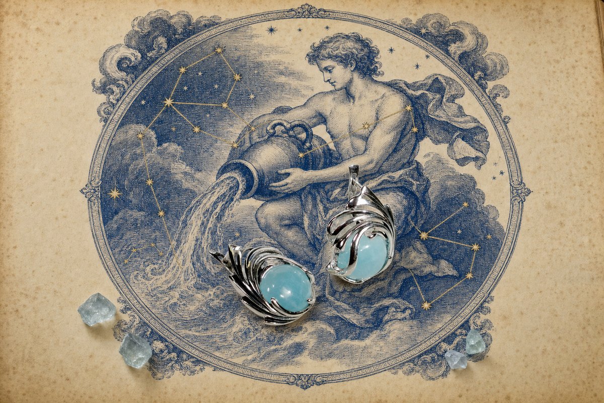 Серебряные серьги ETERI с круглыми голубыми кабошонами аквамарина в оправе-волне на странице звёздного атласа с созвездием Водолея