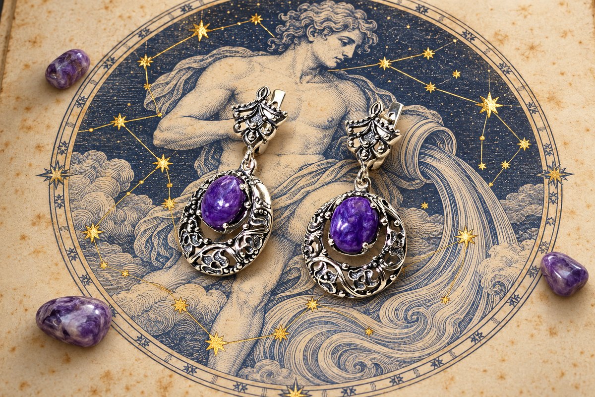 Серебряные серьги ETERI с овальными кабошонами сиреневого чароита в ажурной оправе на странице звёздного атласа с созвездием Водолея