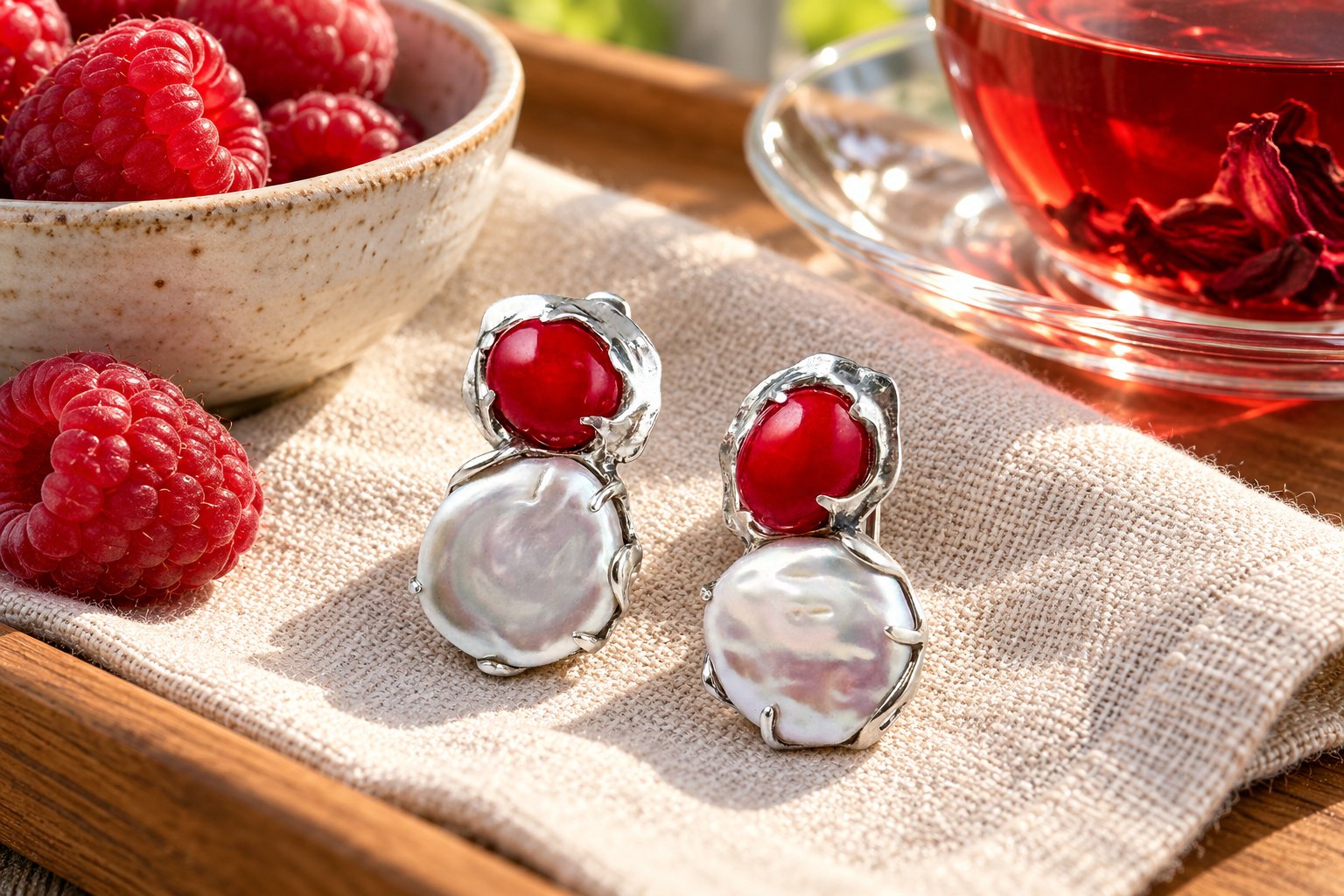 Серебряные серьги с красным кораллом и крупным белым жемчугом на льняной салфетке рядом с малиной и чаем каркаде