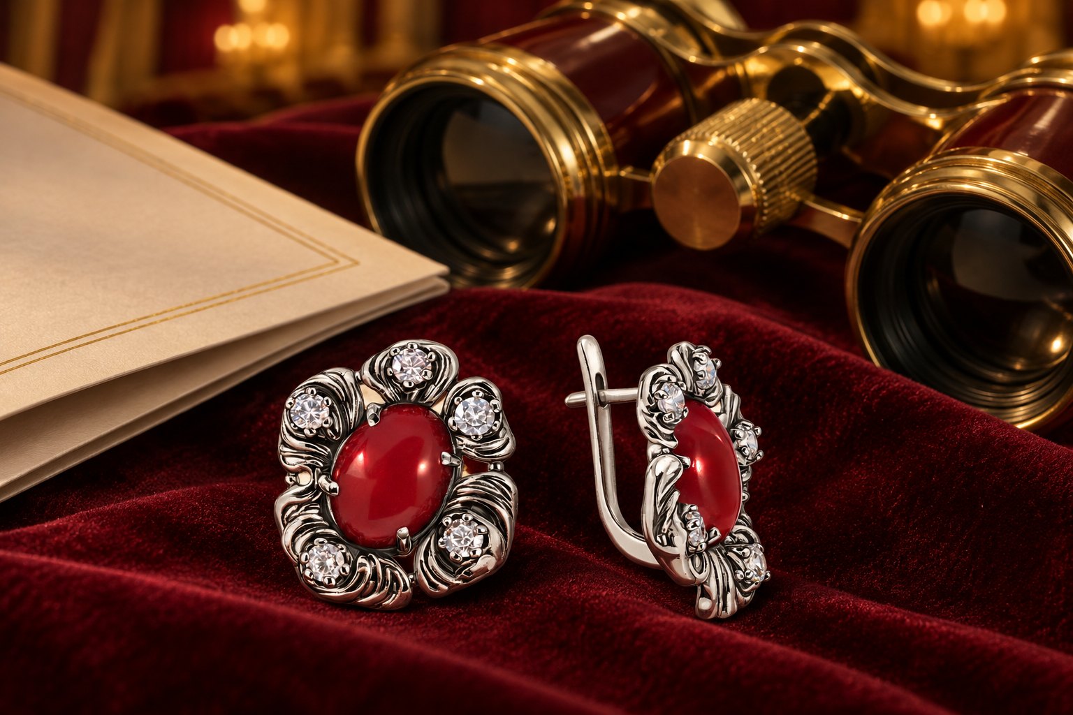 Серебряные серьги с крупным красным кораллом и фианитами в ажурной оправе-цветке на бордовом бархате у театральной программки