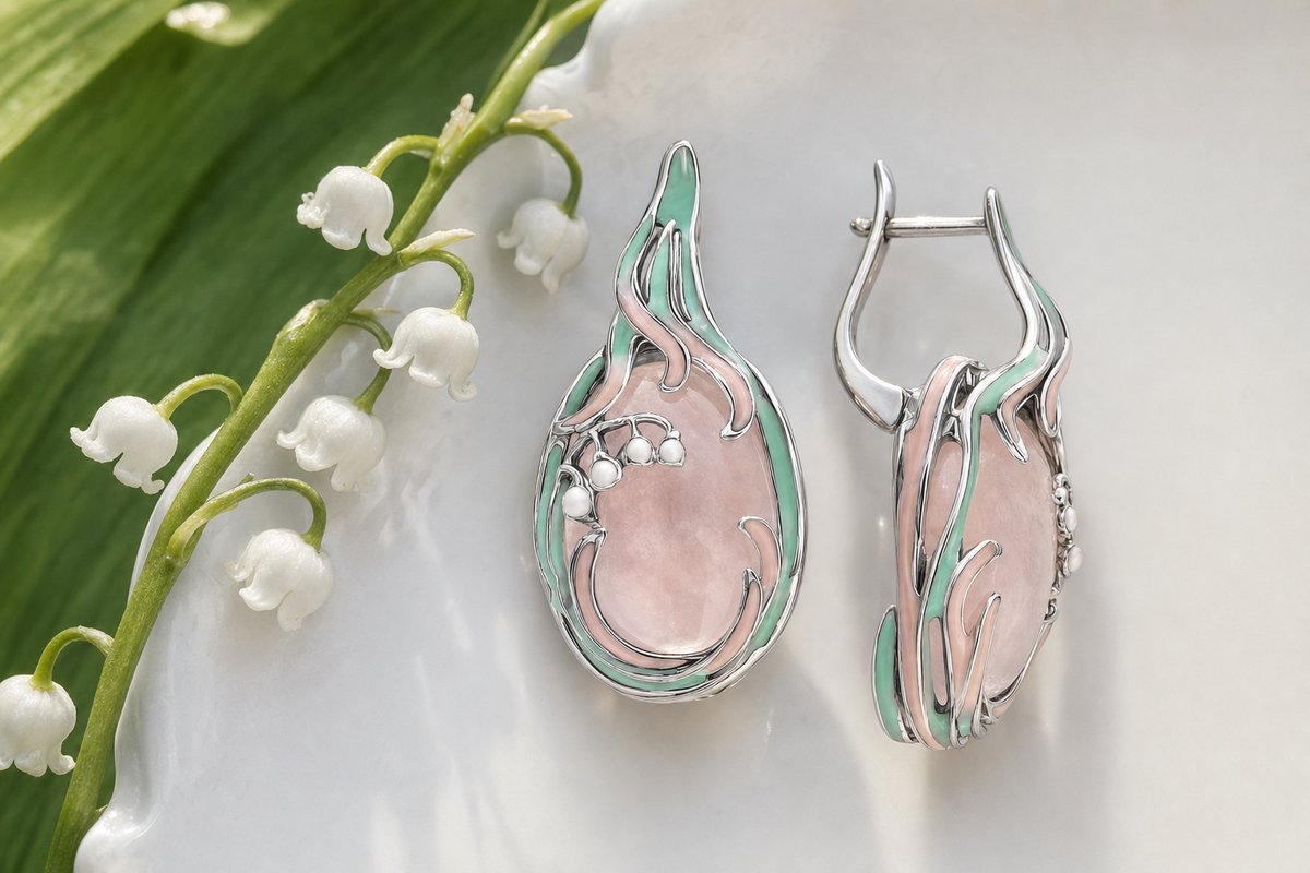 Серебряные серьги Жар-Птица с розовым кварцем, мятной и розовой эмалью и ландышами рядом с веточкой ландыша