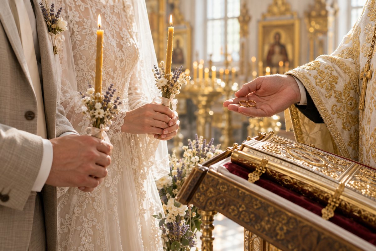 Священник держит два обручальных кольца над Евангелием на аналое, рядом руки жениха и невесты и горящие свечи