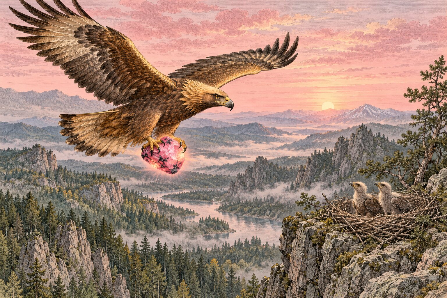 Книжная иллюстрация: беркут несёт в когтях розовый камень к гнезду с птенцами на скале над Уральскими горами на рассвете