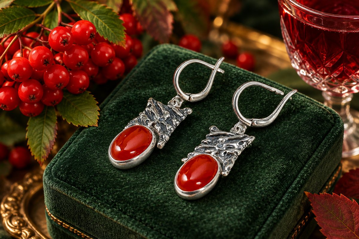 Серебряные серьги с чернёным узором и тёмно-красными сердоликами на зелёном бархате рядом с гроздью рябины